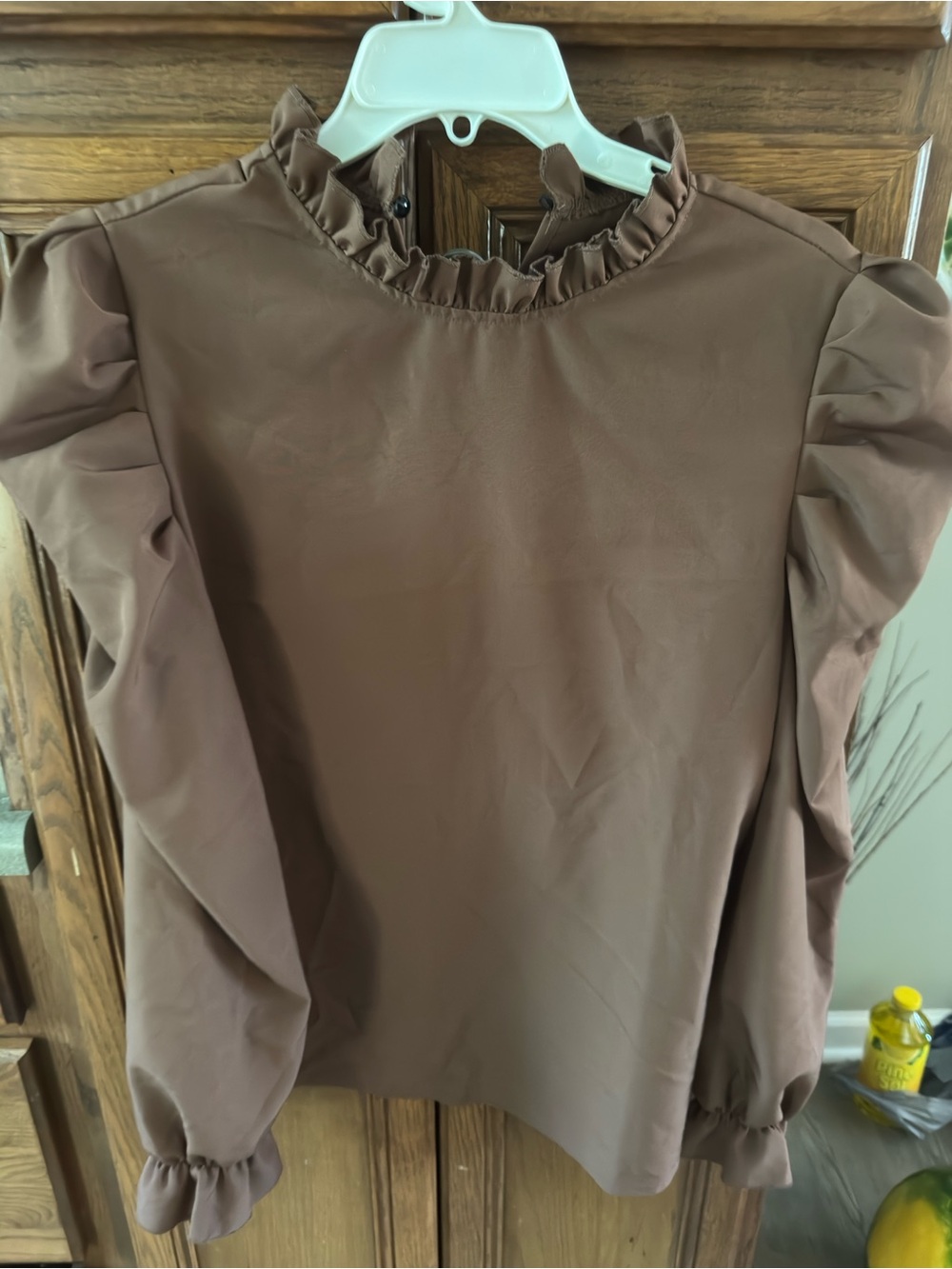 SHEIN Brown Ruffled Neck Puff-Sleeve Blouse